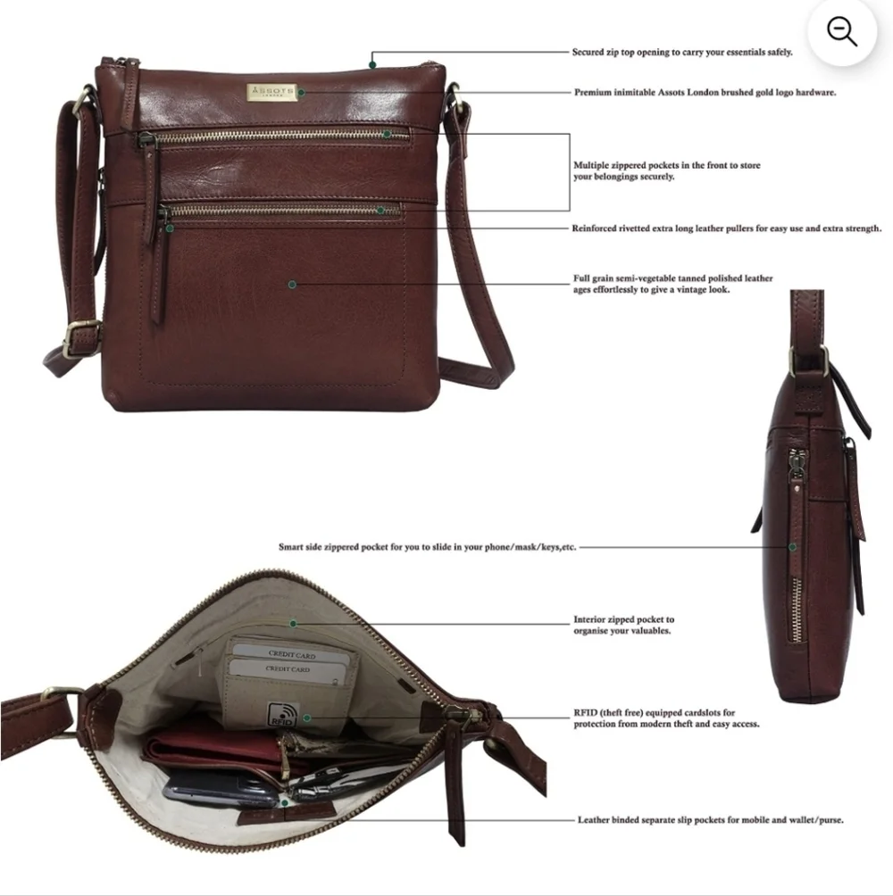 Assots London 'CORI' VT Real Leather Crossbody Bag In Brown Pollished
